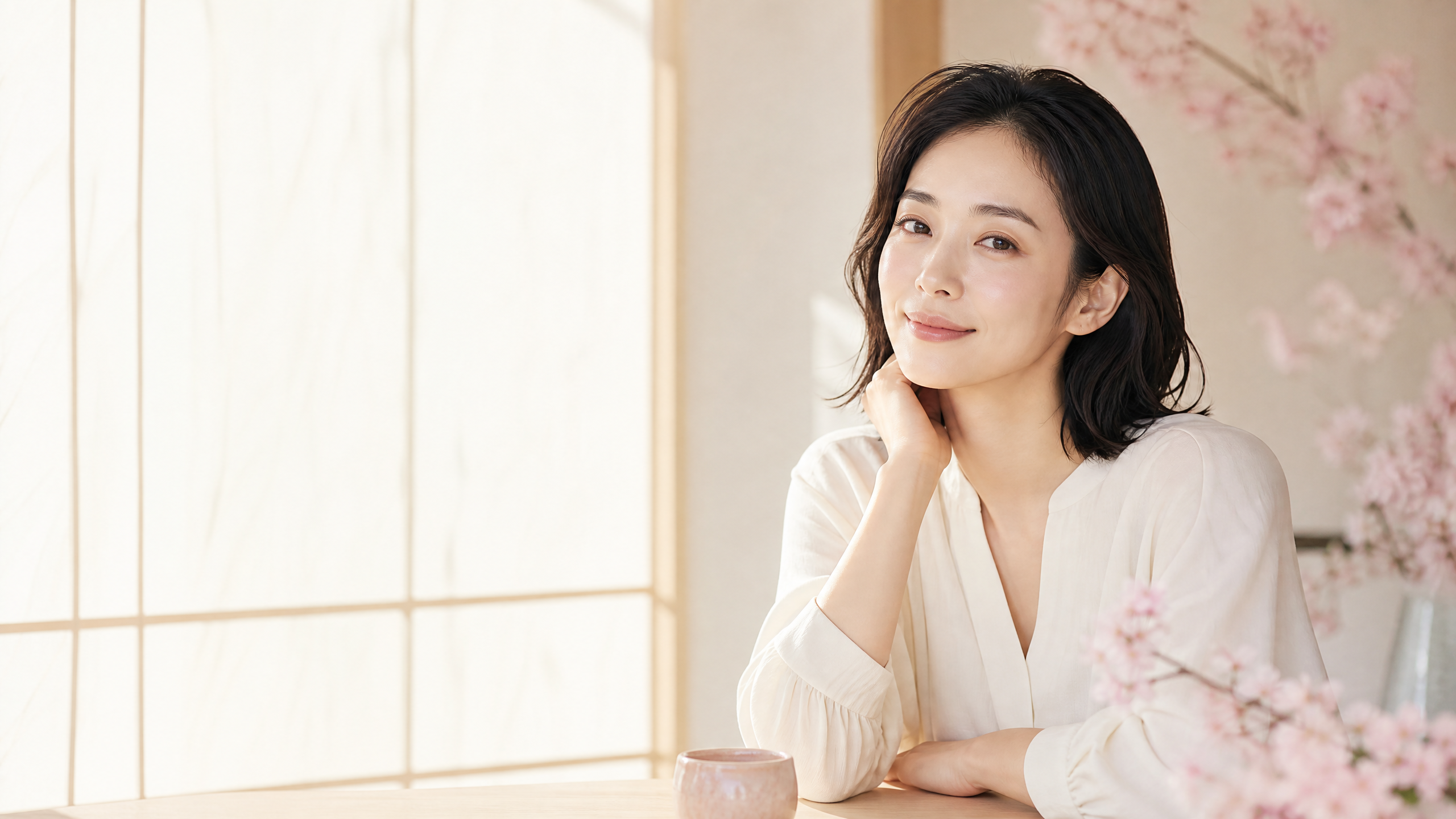 窓辺で穏やかに微笑む日本人女性